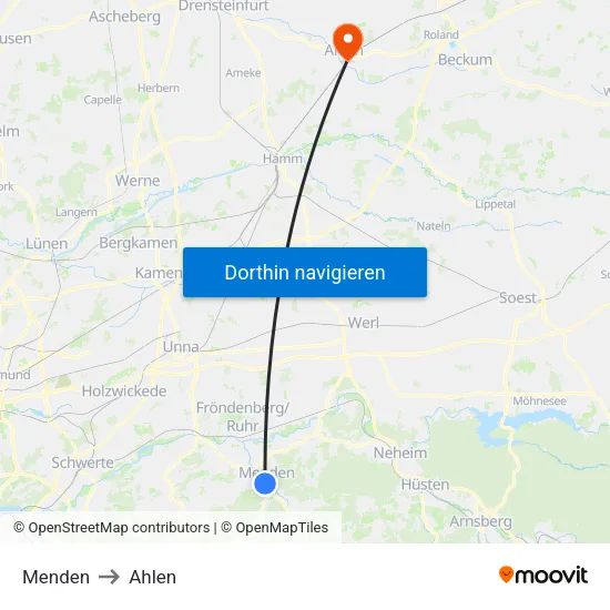 Menden to Ahlen map