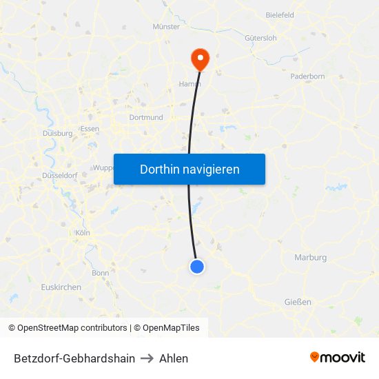 Betzdorf-Gebhardshain to Ahlen map