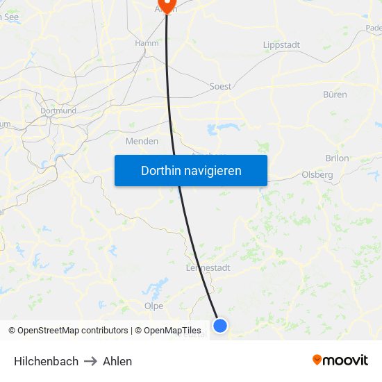 Hilchenbach to Ahlen map