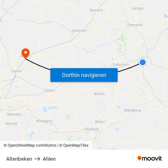 Altenbeken to Ahlen map