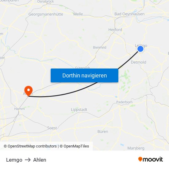 Lemgo to Ahlen map