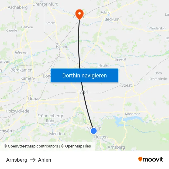 Arnsberg to Ahlen map