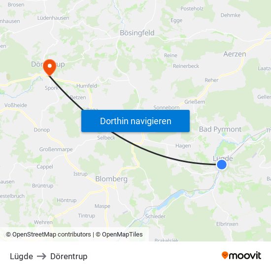 Lügde to Dörentrup map