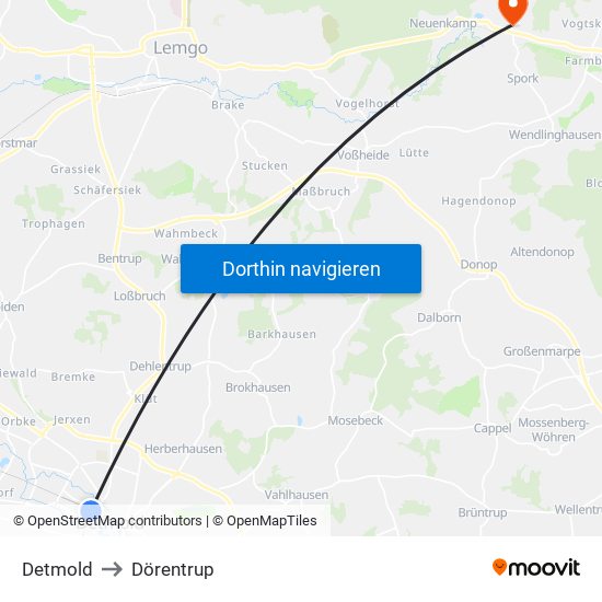 Detmold to Dörentrup map