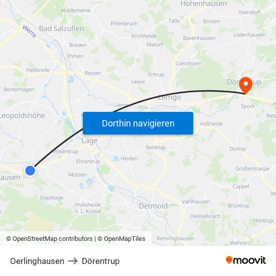 Oerlinghausen to Dörentrup map