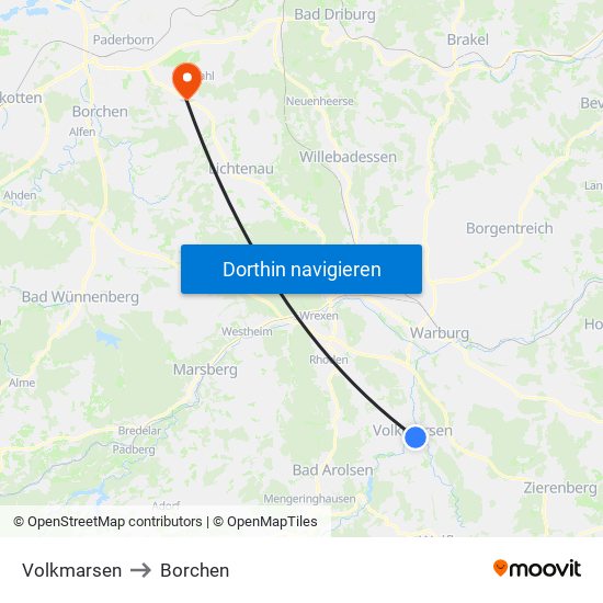 Volkmarsen to Borchen map
