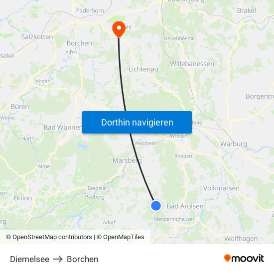 Diemelsee to Borchen map