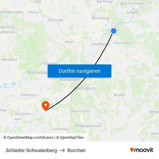 Schieder-Schwalenberg to Borchen map