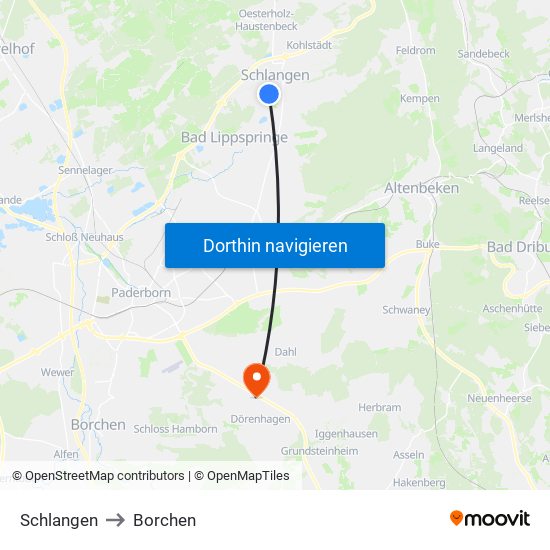 Schlangen to Borchen map