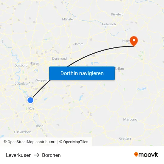 Leverkusen to Borchen map