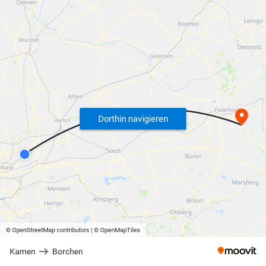 Kamen to Borchen map