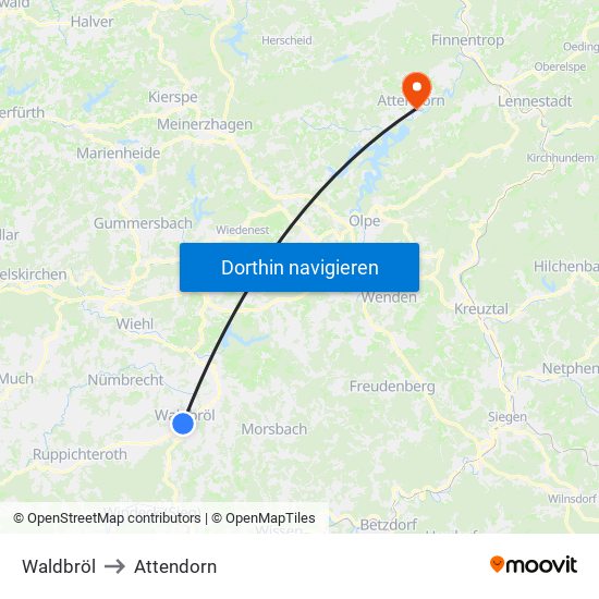 Waldbröl to Attendorn map