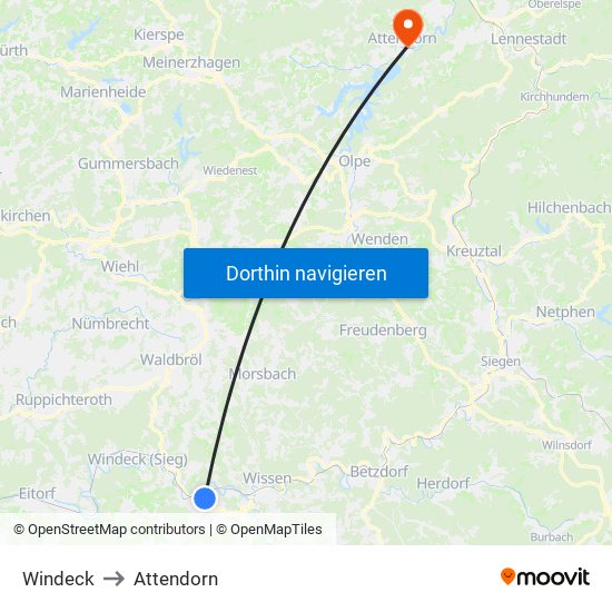 Windeck to Attendorn map