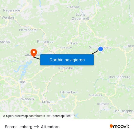 Schmallenberg to Attendorn map