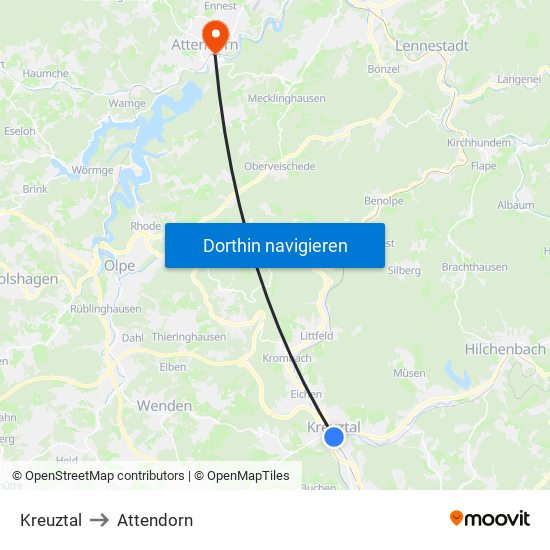 Kreuztal to Attendorn map