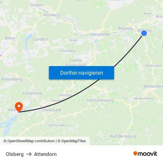 Olsberg to Attendorn map