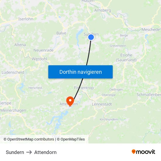 Sundern to Attendorn map