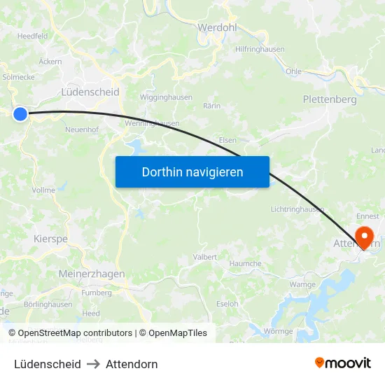 Lüdenscheid to Attendorn map