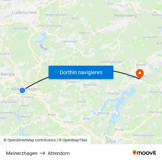 Meinerzhagen to Attendorn map