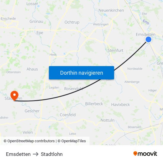 Emsdetten to Stadtlohn map