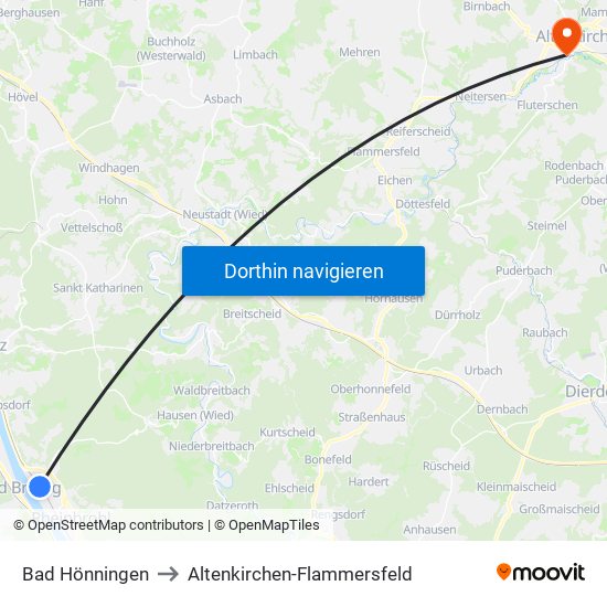 Bad Hönningen to Altenkirchen-Flammersfeld map