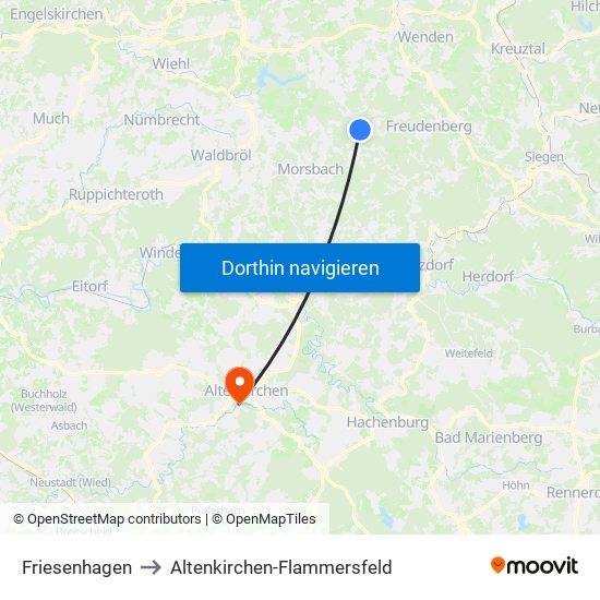 Friesenhagen to Altenkirchen-Flammersfeld map