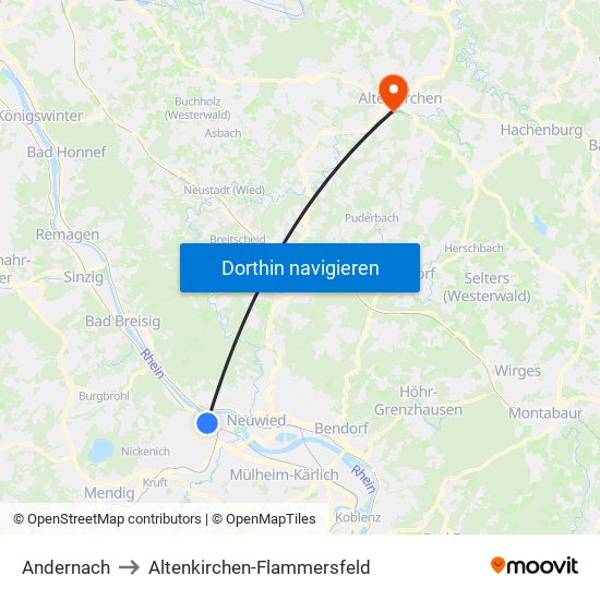 Andernach to Altenkirchen-Flammersfeld map