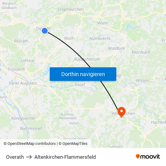 Overath to Altenkirchen-Flammersfeld map