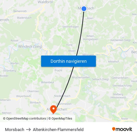 Morsbach to Altenkirchen-Flammersfeld map