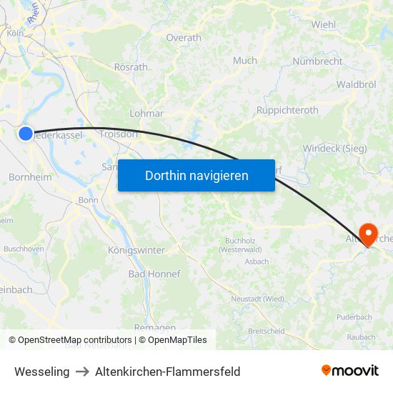 Wesseling to Altenkirchen-Flammersfeld map
