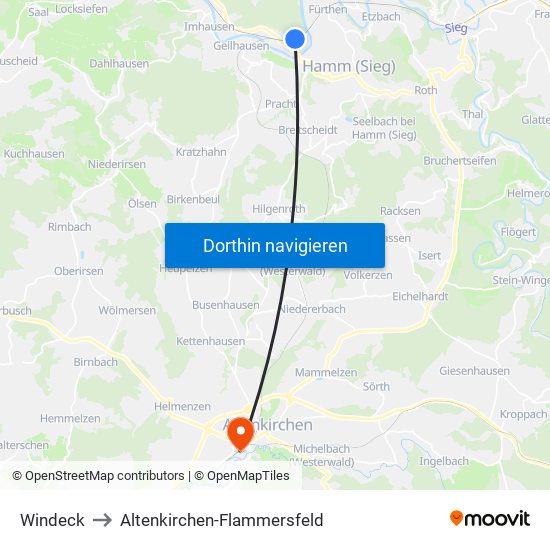 Windeck to Altenkirchen-Flammersfeld map