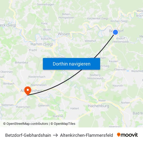 Betzdorf-Gebhardshain to Altenkirchen-Flammersfeld map