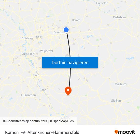 Kamen to Altenkirchen-Flammersfeld map