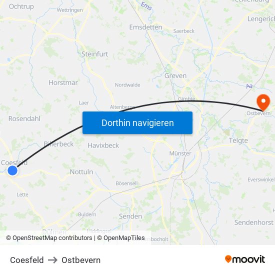 Coesfeld to Ostbevern map