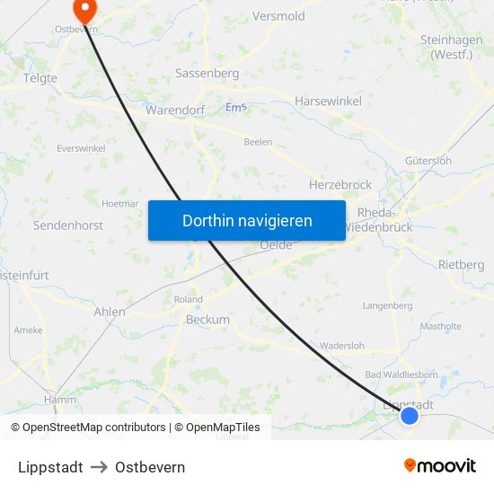 Lippstadt to Ostbevern map