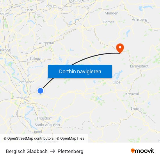 Bergisch Gladbach to Plettenberg map