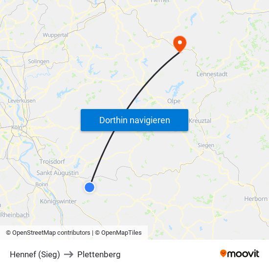 Hennef (Sieg) to Plettenberg map