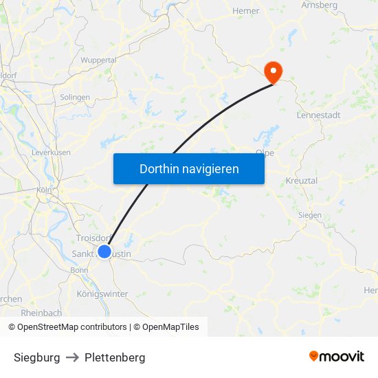 Siegburg to Plettenberg map