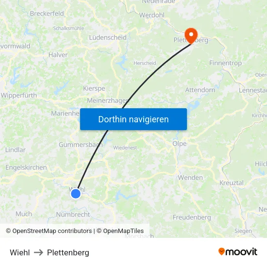 Wiehl to Plettenberg map