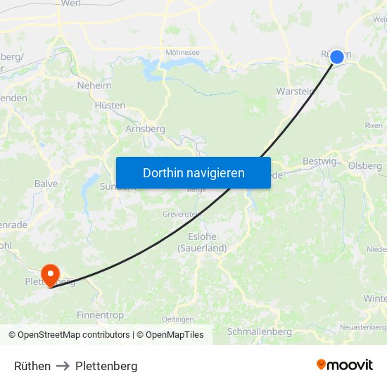 Rüthen to Plettenberg map