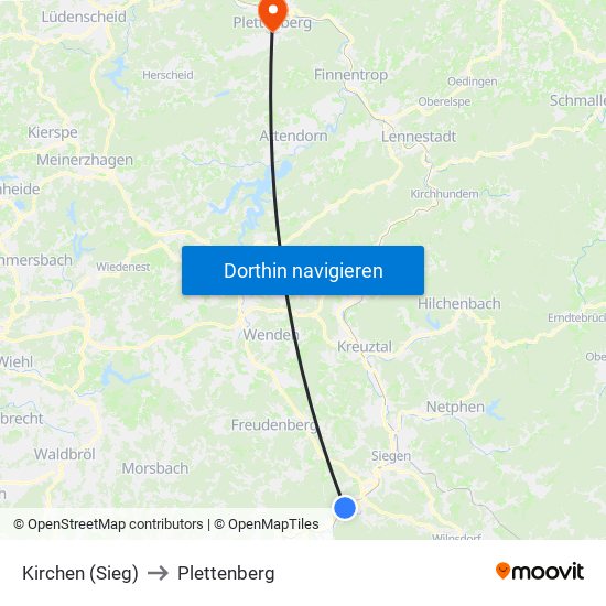 Kirchen (Sieg) to Plettenberg map