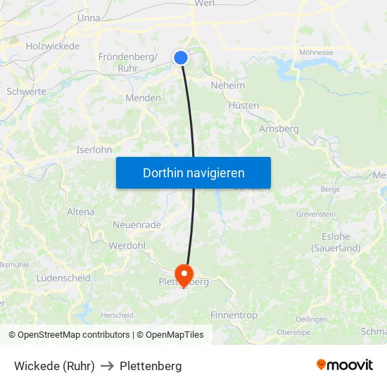 Wickede (Ruhr) to Plettenberg map