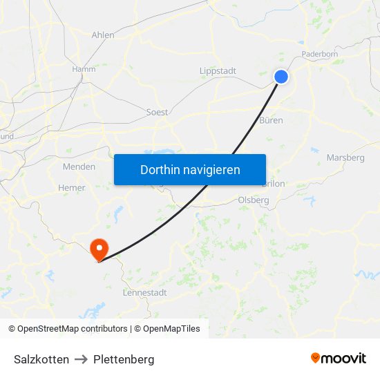 Salzkotten to Plettenberg map