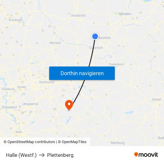 Halle (Westf.) to Plettenberg map