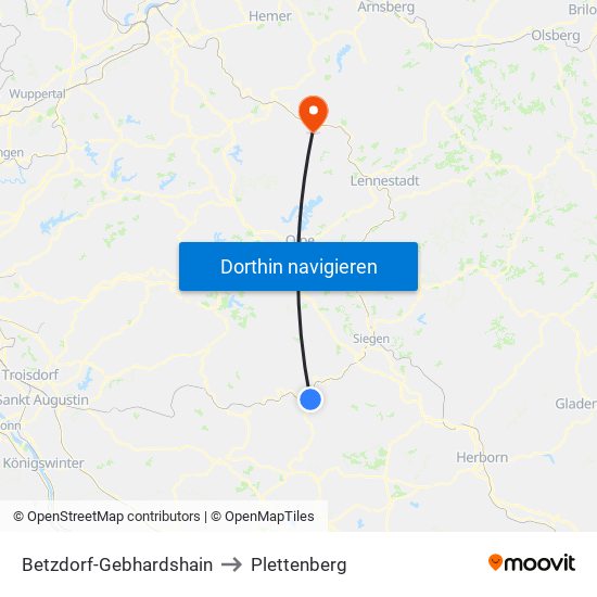 Betzdorf-Gebhardshain to Plettenberg map