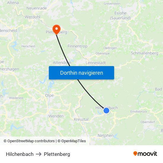 Hilchenbach to Plettenberg map