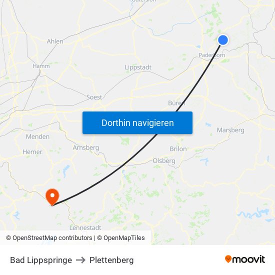 Bad Lippspringe to Plettenberg map