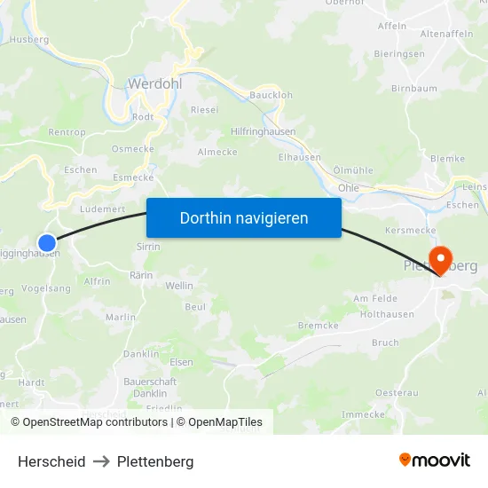 Herscheid to Plettenberg map