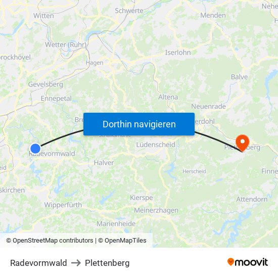 Radevormwald to Plettenberg map