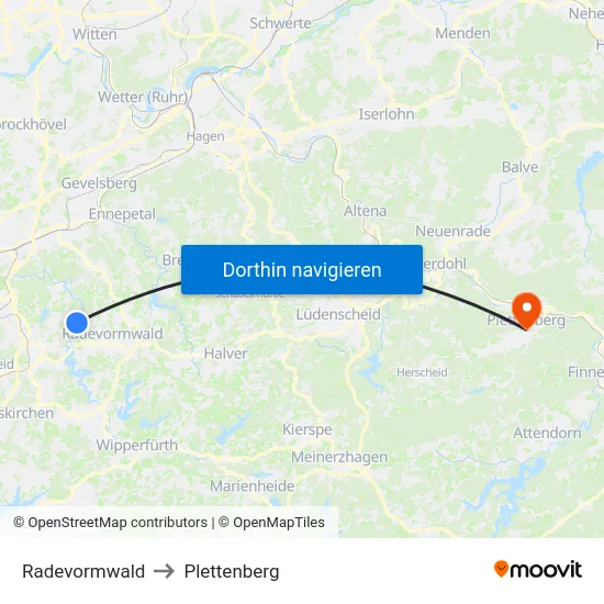 Radevormwald to Plettenberg map